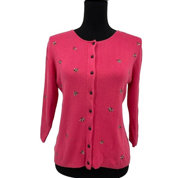 Vintage 90s Northern Isle  Pink Embroidered Bees Cardigan Sweater Small‎ - Picture 1 of 7